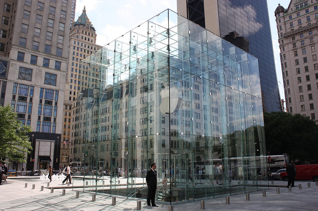 Apple logo on the facade of an Apple Store