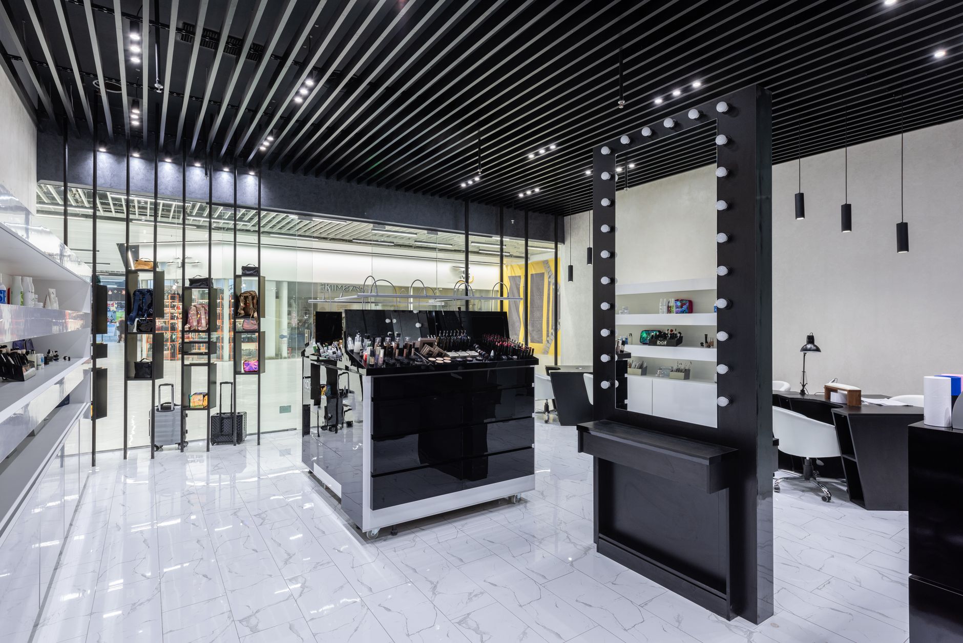 Luxury beauty counter in a high-end department store with careful lighting